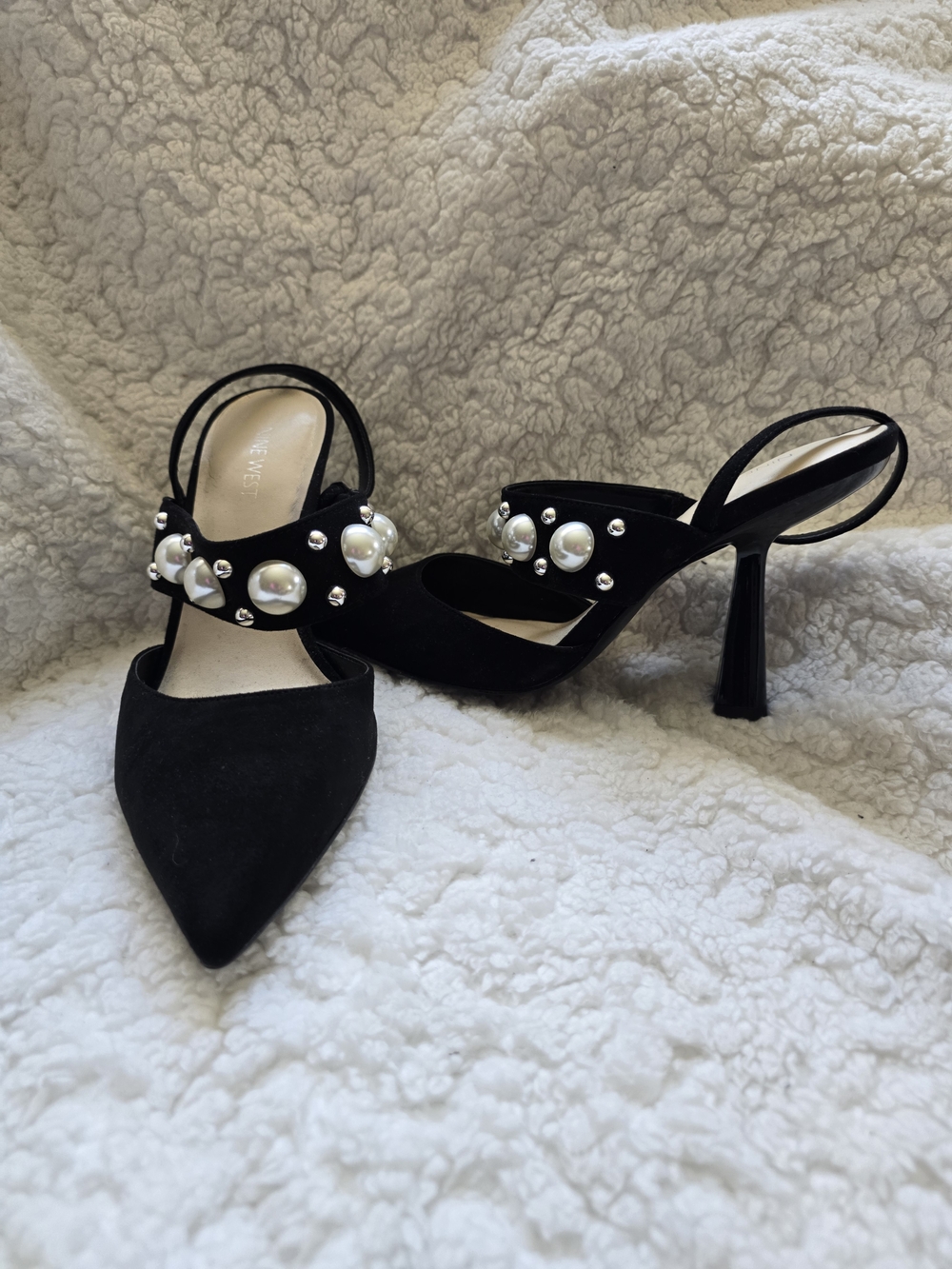 Nine West Black Pearl-Embellished Slingback Heels